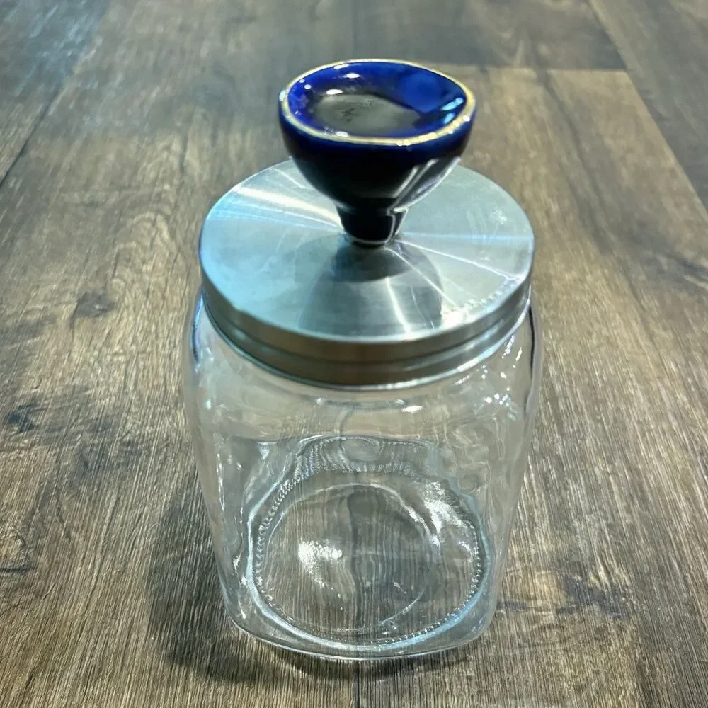 Glass Storage Canister Blue Porcelain Knob Stainless Lid Kitchen Counter Jar